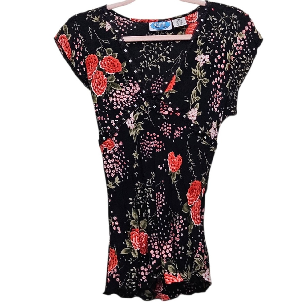 Vintage 90s Babydoll Blouse M Black Red Floral Sequin Lace Y2K Whimsigoth
